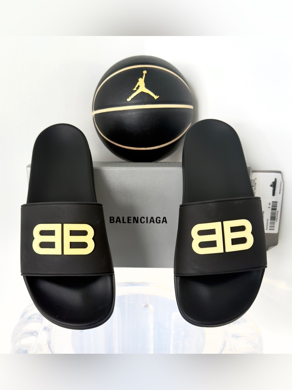 Balenciaga Black Slides with Cream BB Emblem